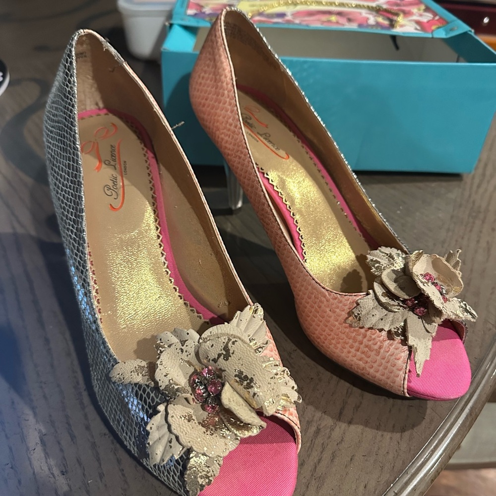Poetic License Elegant Pink and Silver Peep-Toe Heels